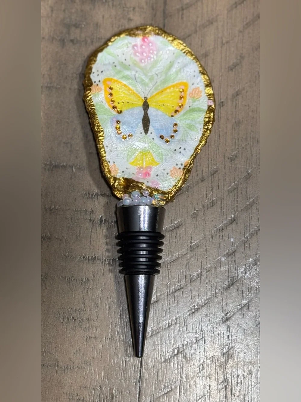Hand-Painted Butterfly Oyster Wine Bottle Stopper – Yellow Accent
